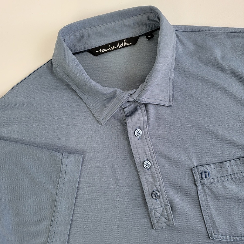 Travis Mathew Men's Large Golf Polo Shirt Blue Pocket Short‎ Sleeve *READ